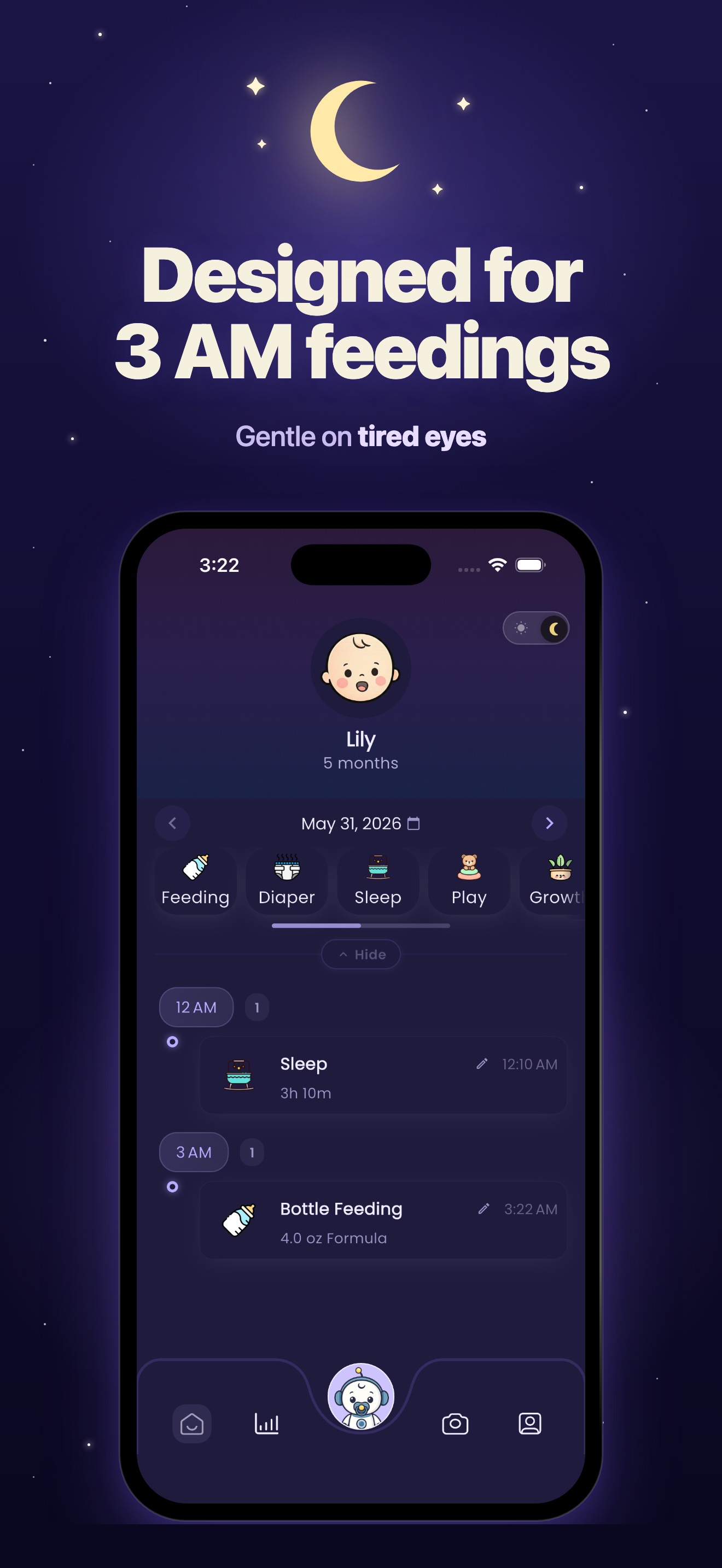 Designed for 3 AM feedings — gentle on tired eyes