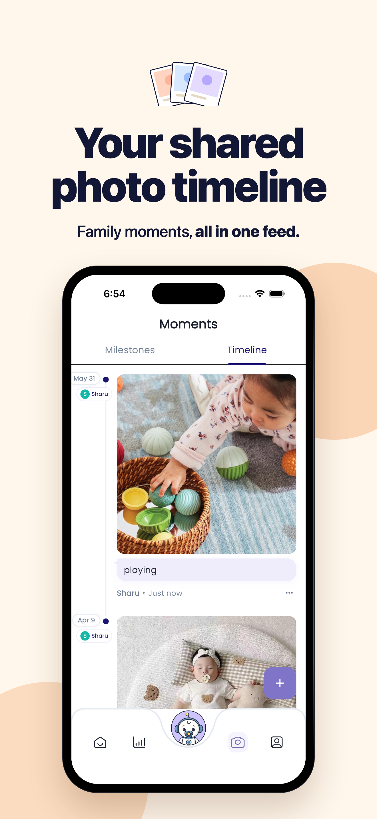 Your shared photo timeline — family moments, all in one feed